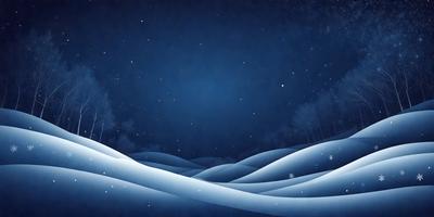 The primary subject of the image is a night scene featuring a snowy landscape with a few trees. The setting is a dark, star-filled sky, creating a serene and peaceful atmosphere. The visual style is a digital art or illustration, with the artist using a blue color palette to emphasize the nighttime setting. The overall mood of the image is calm and tranquil, as the viewer is drawn into the quiet beauty of the snowy landscape under the night sky.